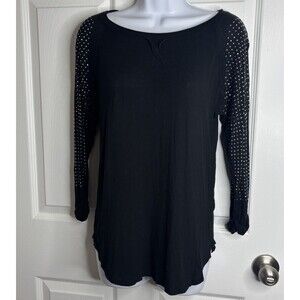 COVER STITCHED Black Studded Sleeve Top Size Small Soft Casual Boho